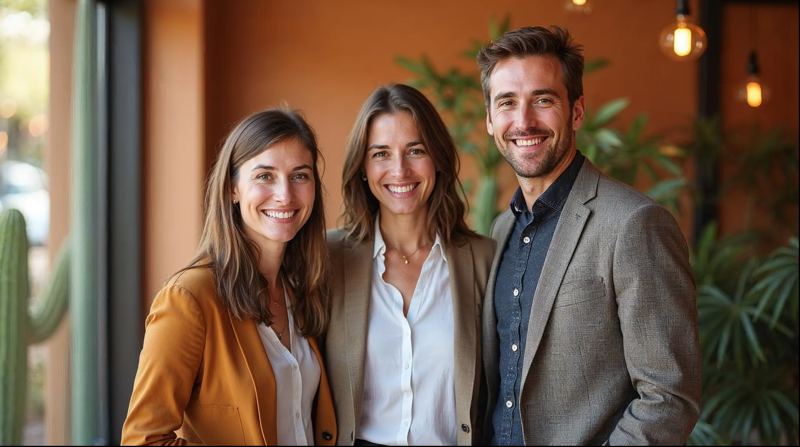 Three friendly technology professionals standing together in a sunny adobe style office