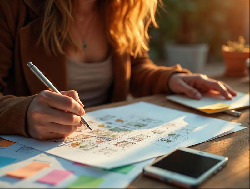 Founder sketching mobile app screens on paper beside a smartphone and sticky notes
