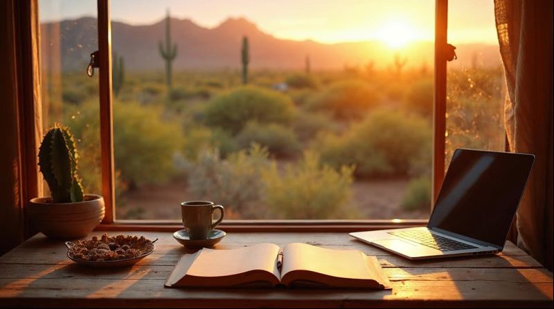 Writing desk with notebook, coffee cup and laptop facing a Sonoran desert sunset
