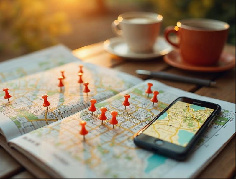 Paper map of Tucson with orange pins next to a smartphone showing a map