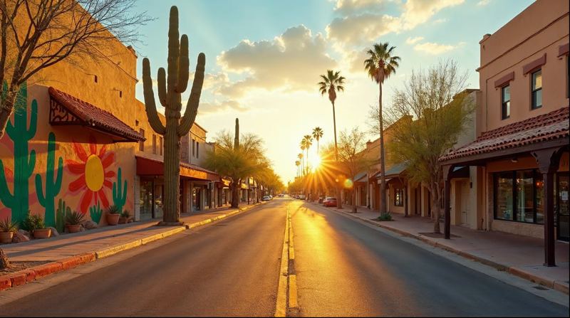Sunlit Tucson street with a colorful sun mural, tall saguaro cactus and palm trees at sunset