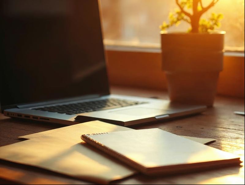 Laptop and open envelope on a sunlit desk beside a notebook and pen