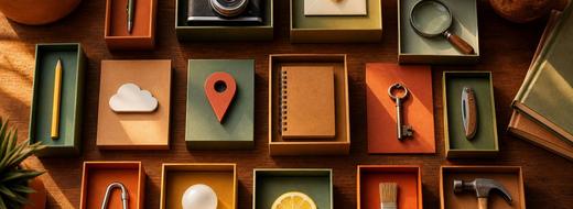 Overhead view of small colorful boxes holding tools such as a camera, envelope and map pin