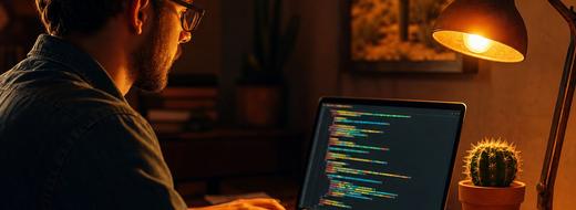 Developer typing code at a laptop under an orange desk lamp beside a small cactus
