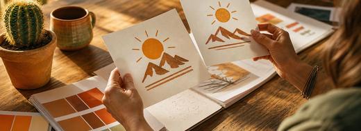 Designer comparing sun and mountain logo sketches above orange and brown color swatches