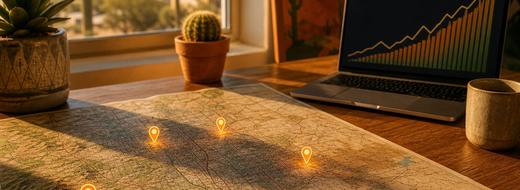 Paper map of Tucson with glowing orange pins beside a laptop showing a rising chart