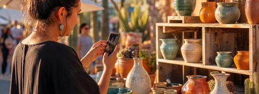 Shop owner photographing handmade pottery with her phone at a sunny Tucson market stall