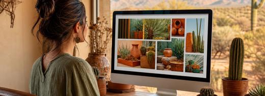 Woman editing her business website on a large monitor in a bright Tucson home office
