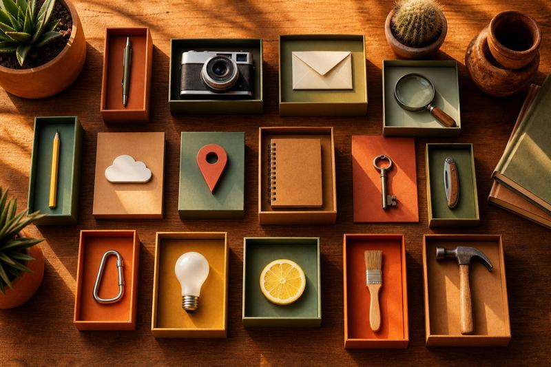 Overhead view of small colorful boxes on a table, each holding a different tool such as a camera, envelope and map pin