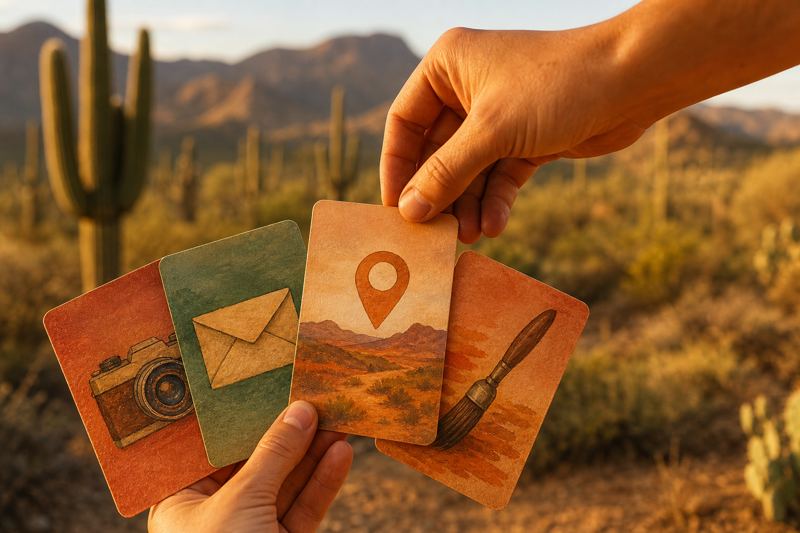 Hand picking one illustrated card from a fanned row showing a camera, envelope, map pin and paintbrush