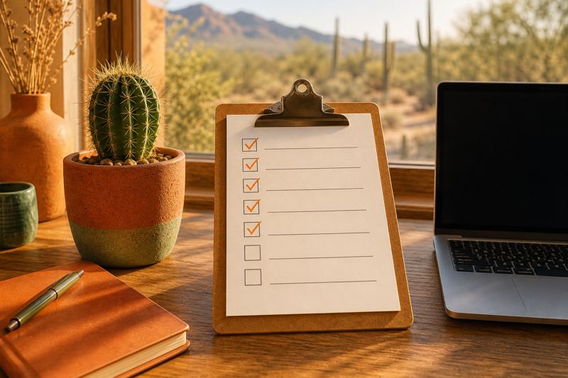 Clipboard checklist with orange ticks beside a laptop and a cactus on a sunlit desk