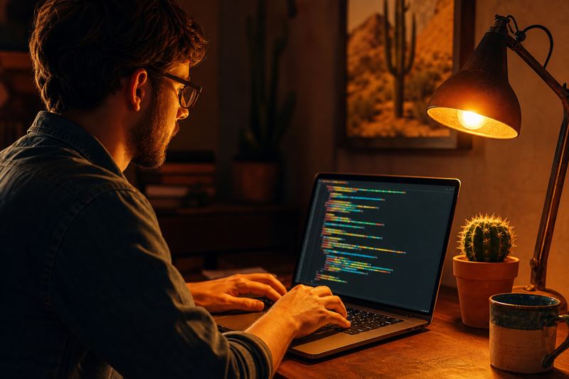Developer typing at a laptop with lines of code under an orange desk lamp beside a small cactus