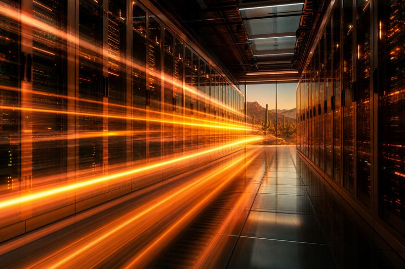 Streaks of orange light racing down a server hallway to show speed