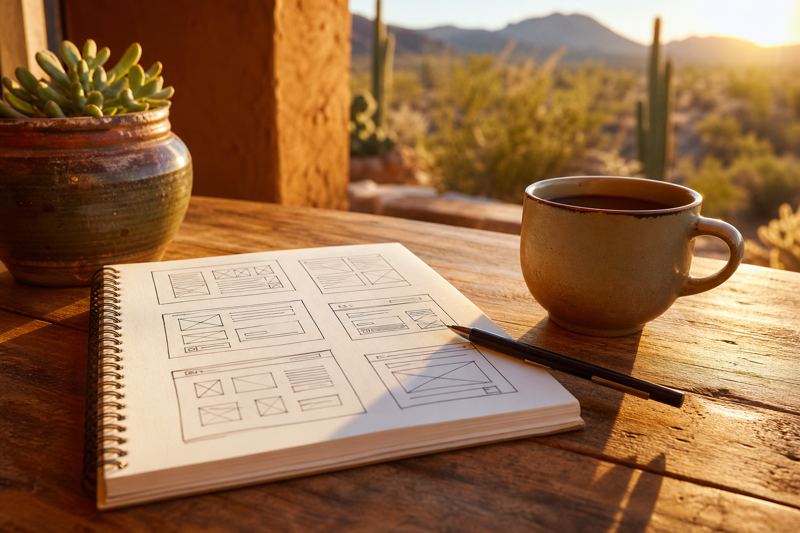Notebook with hand drawn website wireframes and a coffee mug on a wooden table in morning light