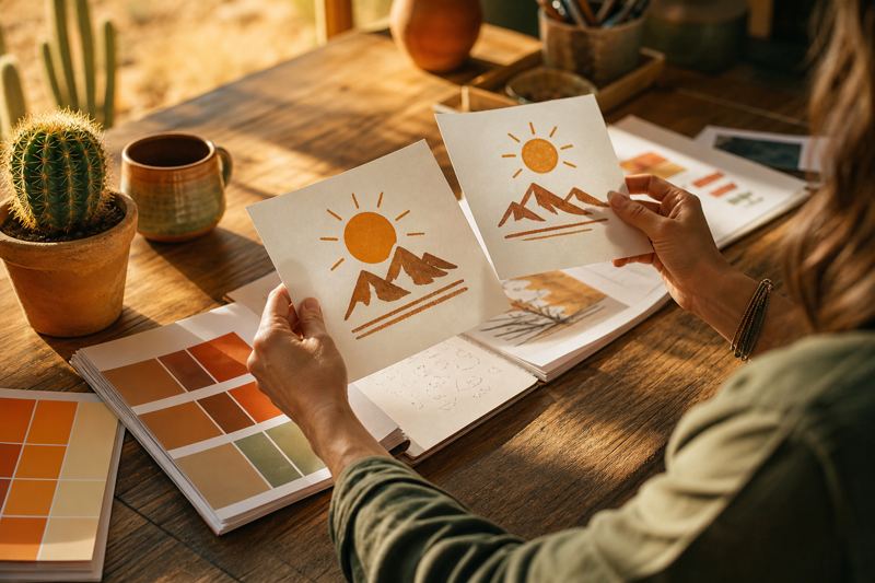Designer holding two sun and mountain logo sketches above orange and brown color swatches on a wooden desk