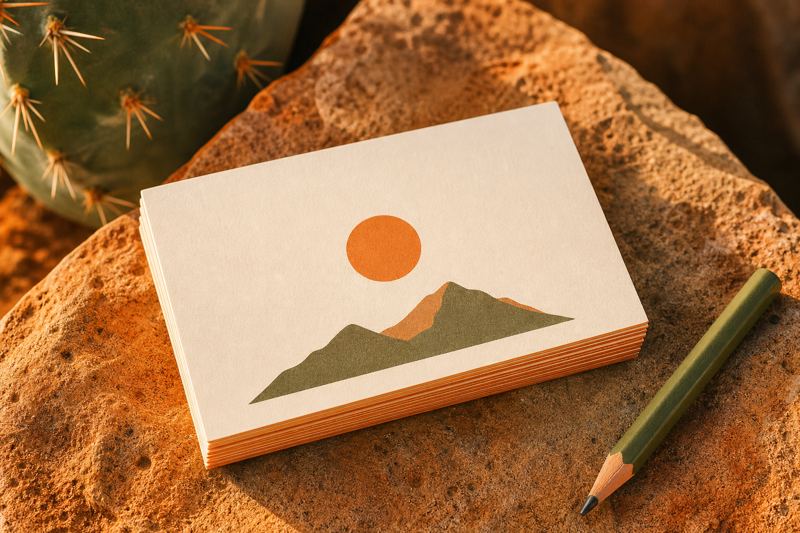 Stack of business cards with a simple orange sun and mountain symbol on a sandstone surface beside a pencil