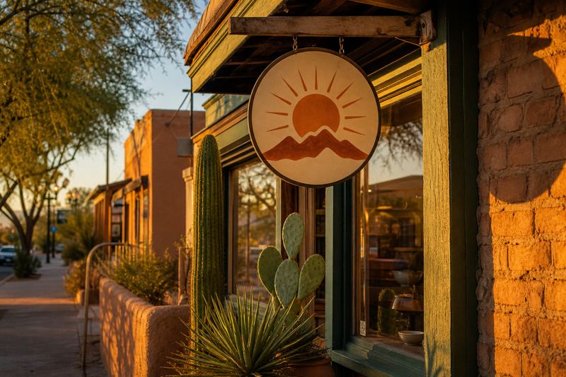 Tucson shop front with a round hanging sign showing a simple orange sun over mountains