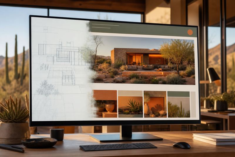 Architect style blueprint turning into a finished website layout on a large screen in a bright studio