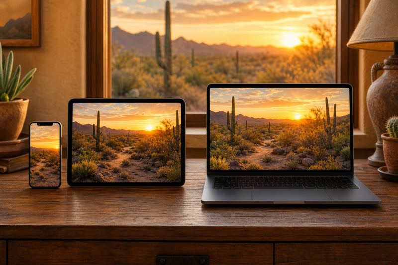 Phone, tablet and laptop on a wooden desk all showing the same desert sunset website