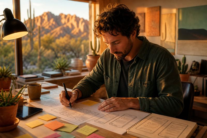 Founder sketching mobile app screens on paper beside a smartphone and sticky notes