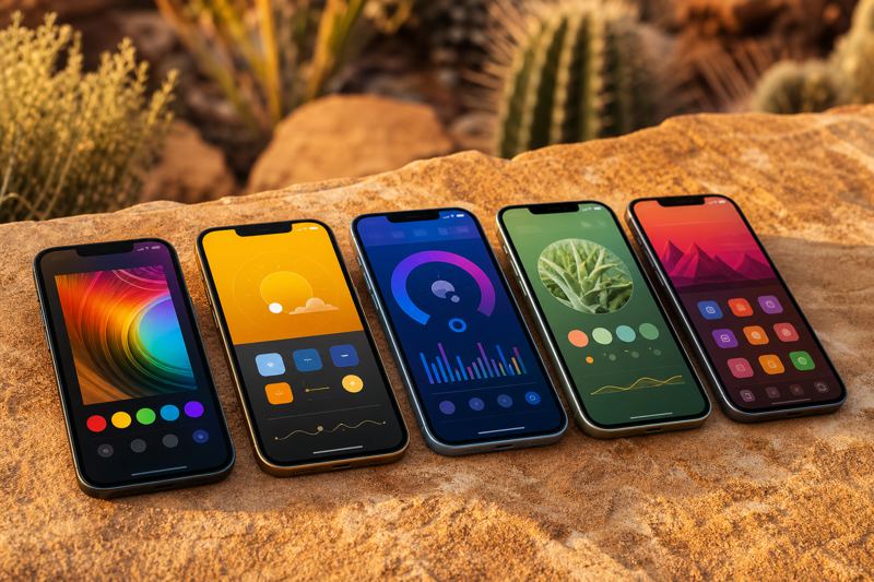 Several smartphones showing different colorful app screens side by side on a sandstone table