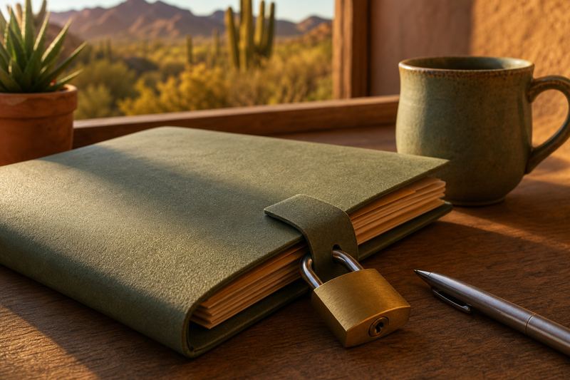 Closed folder with a brass padlock beside a pen and coffee cup, a confidential agreement