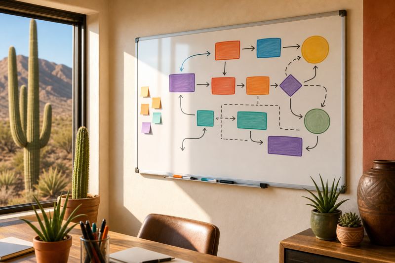 Whiteboard covered with a colorful roadmap of arrows and boxes in a bright office