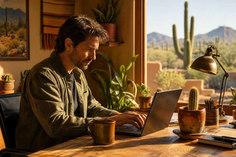 Writer typing an article on a laptop at a sunlit desk with a coffee mug and a small cactus