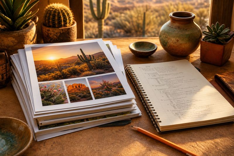 Stack of printed articles with photos beside a notebook outline and a pencil on a desk