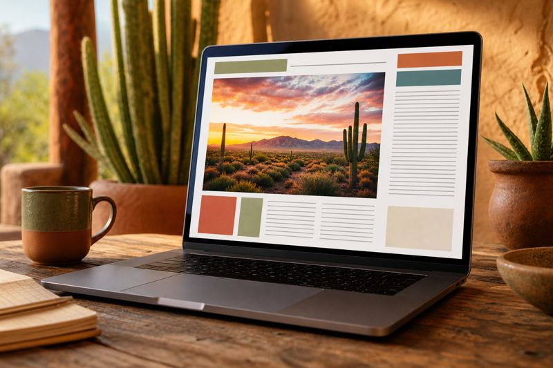 Laptop showing a blog page layout with a large photo and columns of text on a rustic table