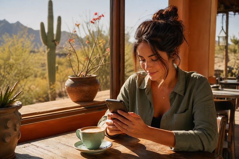 Woman reading an article on her phone at a sunny Tucson cafe table with a latte