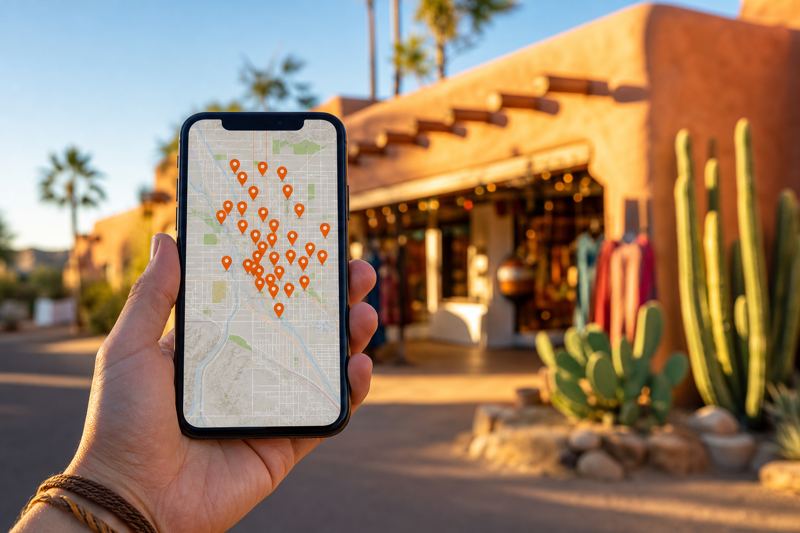 Smartphone map with orange location pins held in front of a sunlit adobe storefront