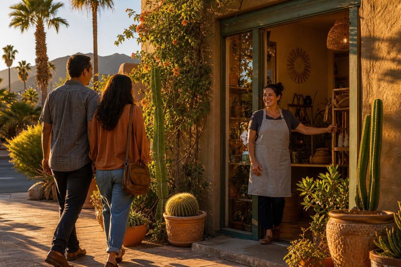 Small Tucson shop front with the owner at the door as customers arrive at golden hour