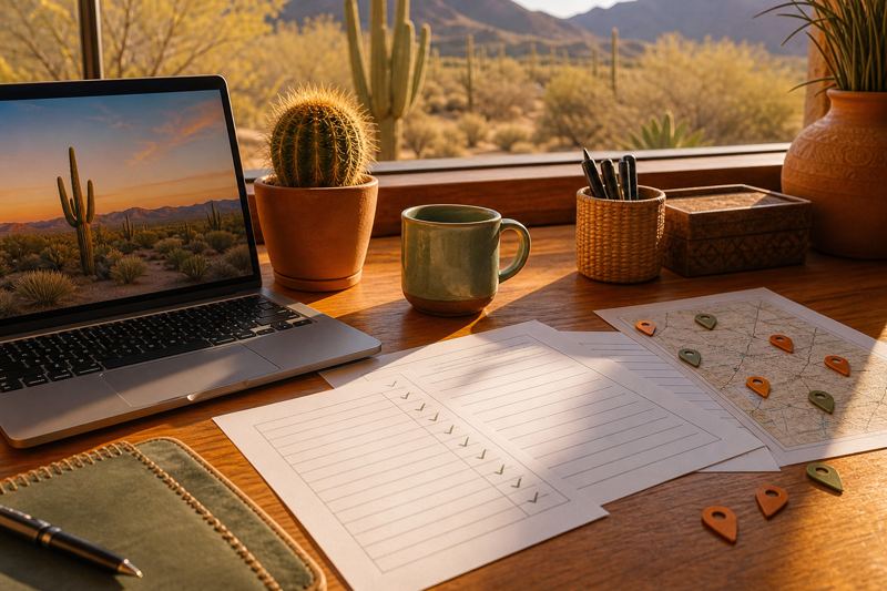 Desk with a laptop and printed list sheets with check marks and map pin stickers