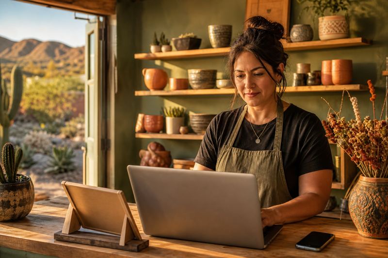 Shop owner at her counter updating business details on a laptop beside a phone