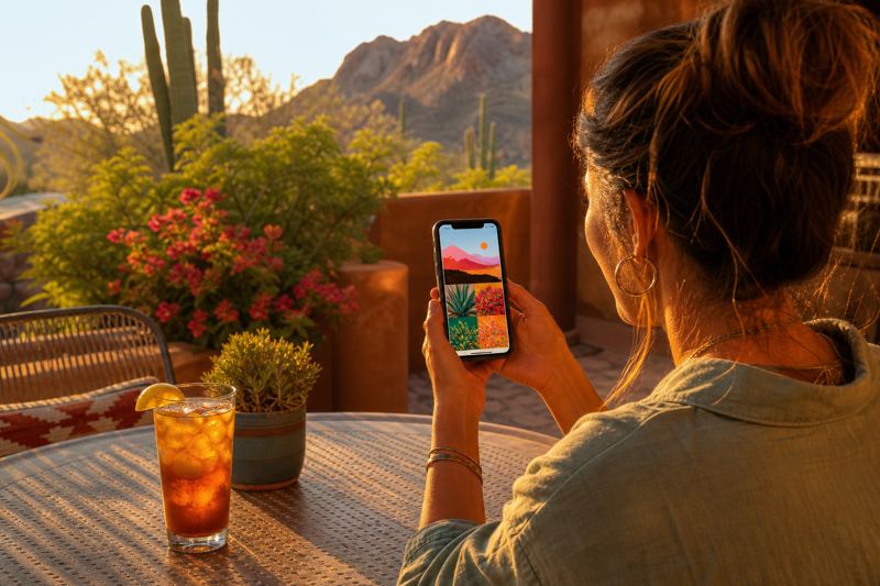 Person reading a colorful email on a smartphone at a patio table with iced tea
