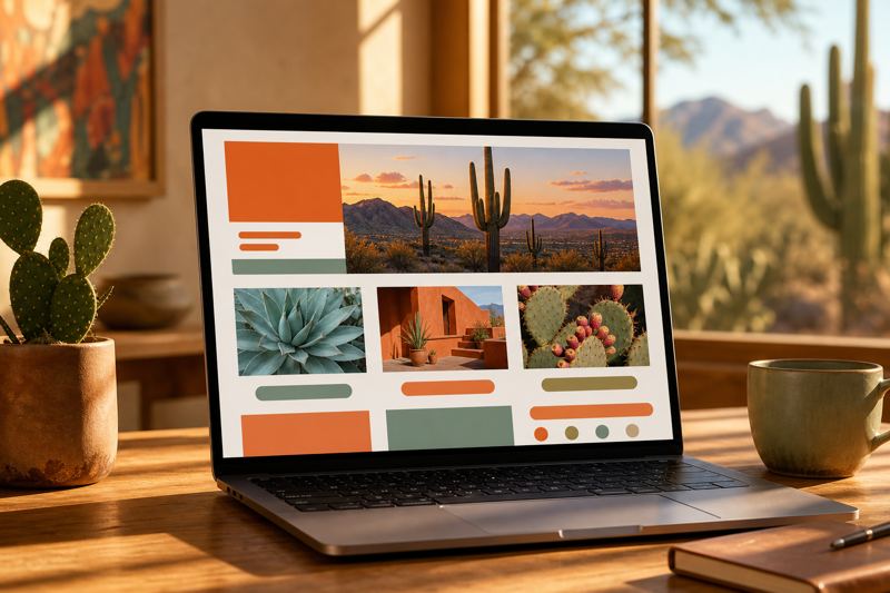 Laptop showing a colorful newsletter layout with photos and buttons on a sunlit desk