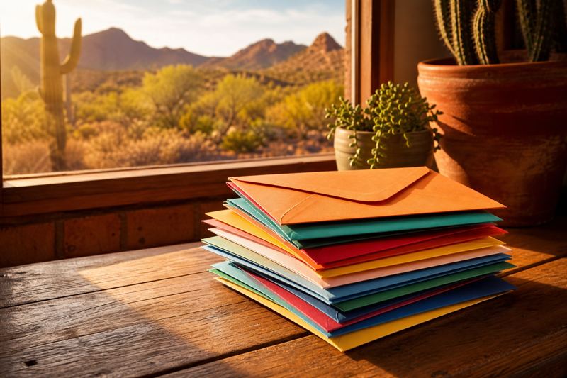 Stack of colorful envelopes on a wooden table in front of a desert view