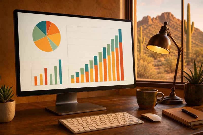 Monitor showing rising bar charts and a pie chart of campaign results beside a desk lamp