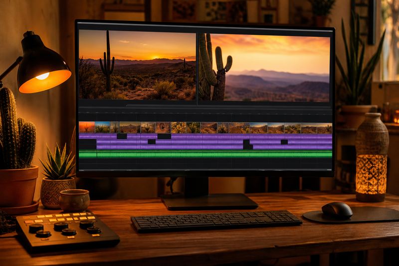 Video editing timeline with colorful film frames on a large monitor in a dim studio