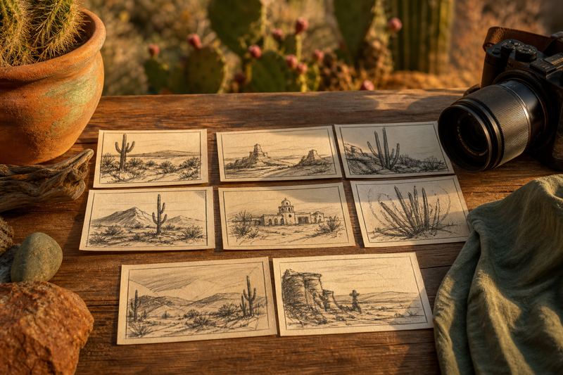 Hand drawn storyboard cards laid out on a wooden table beside a camera