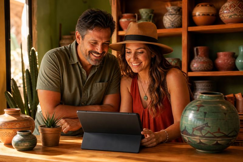Customers smiling as they watch a short video on a tablet at a shop counter