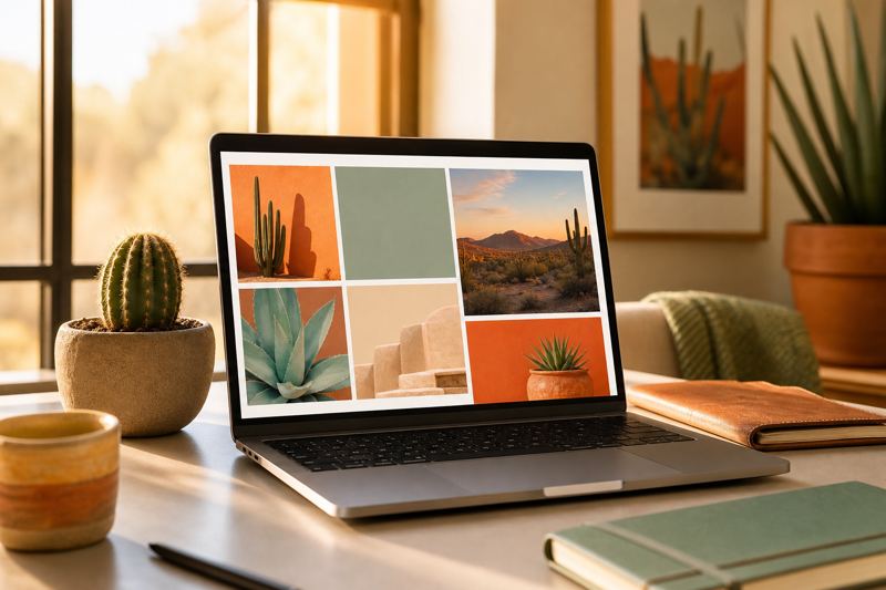 Laptop showing a colorful website being built from photo blocks on a home office desk
