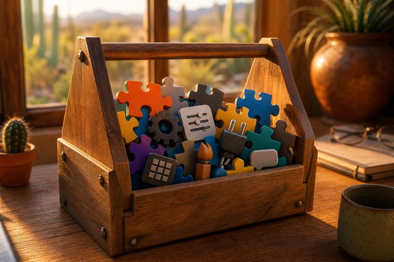 Wooden toolbox filled with colorful puzzle pieces and small icons that stand for plugins