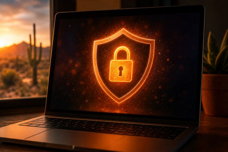 Glowing orange padlock on a login shield above a laptop keyboard