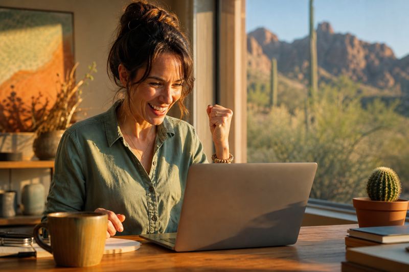 Smiling woman celebrating at her laptop as her new website goes live