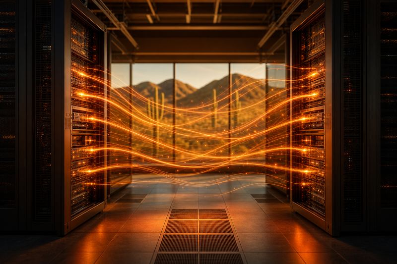 Glowing orange data streams flowing between two server racks in a dim data center