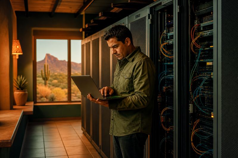 Technician checking a laptop beside open server racks in a tidy server room