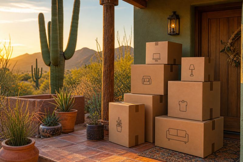 Neatly packed moving boxes with simple icons on a sunlit porch with a saguaro cactus