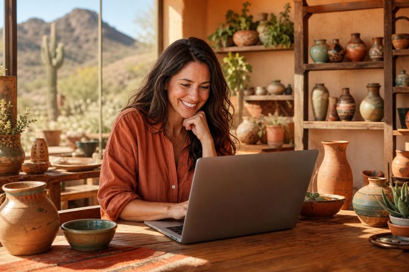 Relieved business owner smiling at her laptop that shows her working website